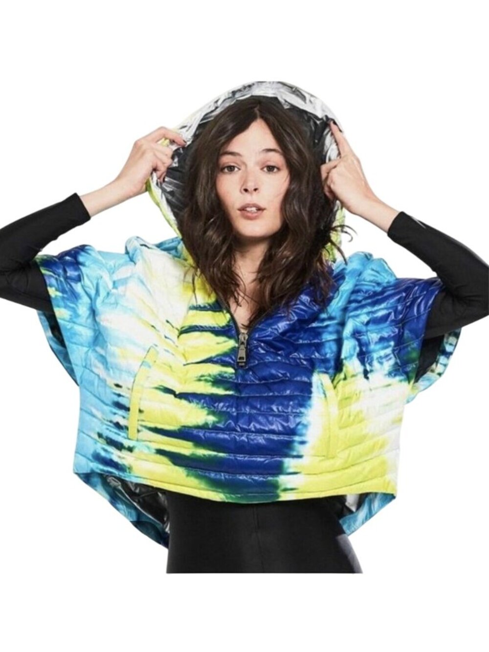 THINK ROYLN Women's Blue Yellow Tie-Dye Puffer Poncho Ski Jacket - XS/S